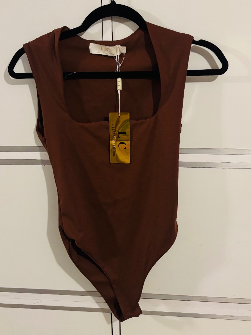 Lizette Collection Bodysuit Brown Square Neckline Medium